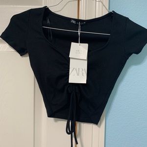 NWT Zara Cropped Ruched Tie Top Black Size S